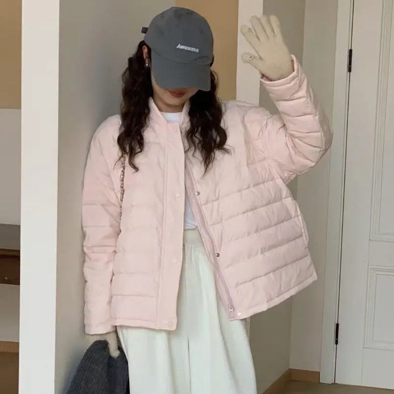 网图糖果色横条纹理缝线冬圆领小个子轻盈棉服甜美韩版棉衣外套