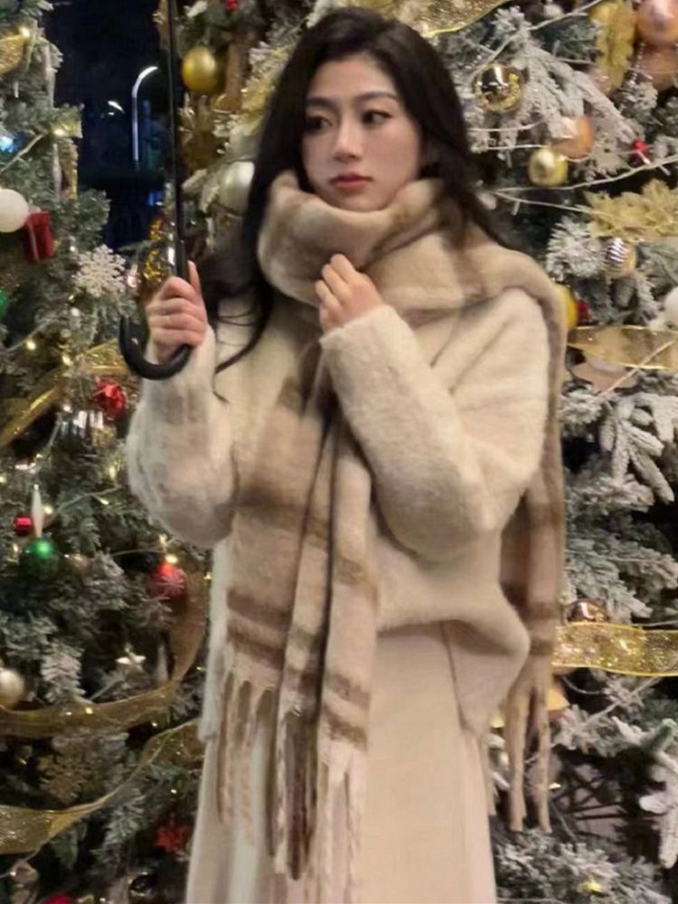 冬季加厚韩系米咖格子围巾女围脖