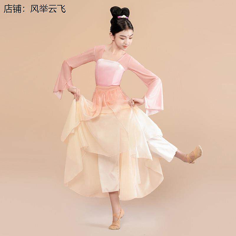 儿童古典舞演出服飘逸女童古风扇子舞服吕行同款蔷薇花粉色表演服