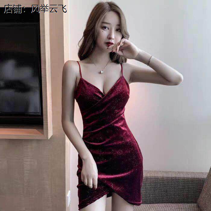 夜总会小礼服吊带金丝绒一步裙显瘦洗浴技师服酒吧性感公关连衣裙