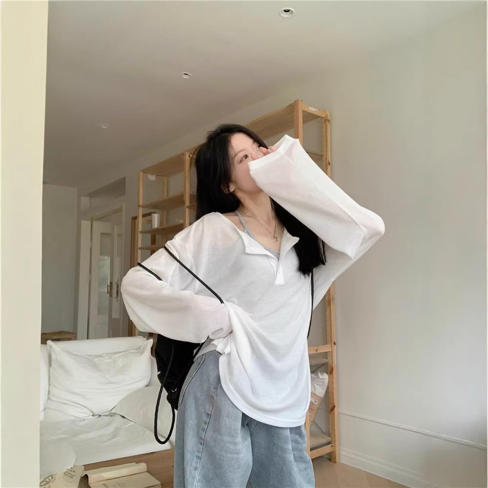 实拍~雪花口子纯色长袖春夏季新款V领小心机落肩针织上衣韩版女装