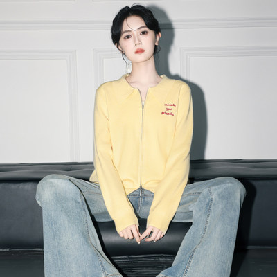 黄色双拉炼针织开衫女春