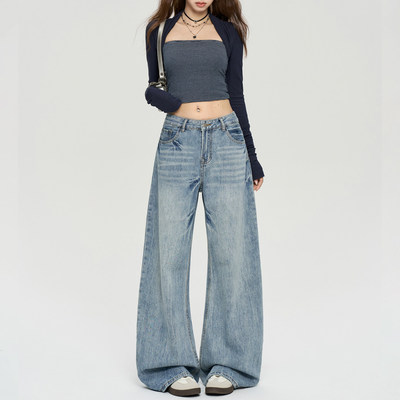 复古低腰弯刀阔腿牛仔裤