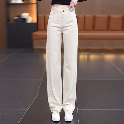 米白色纯棉软牛仔直筒裤