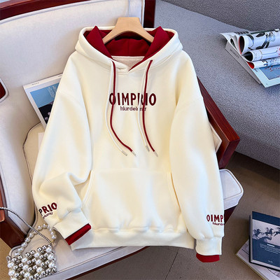 奶杏色连帽运动衫女加绒2