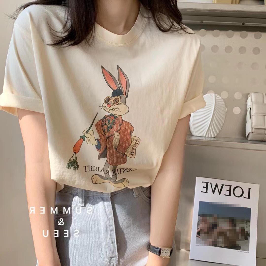 夏季新款卡通印花兔子纯棉宽松短袖t恤女设计感小众高级感上衣女