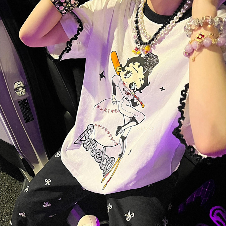 韩国东大门夏季新款棒球贝蒂花边烫钻设计款休闲拼领白色短袖T恤