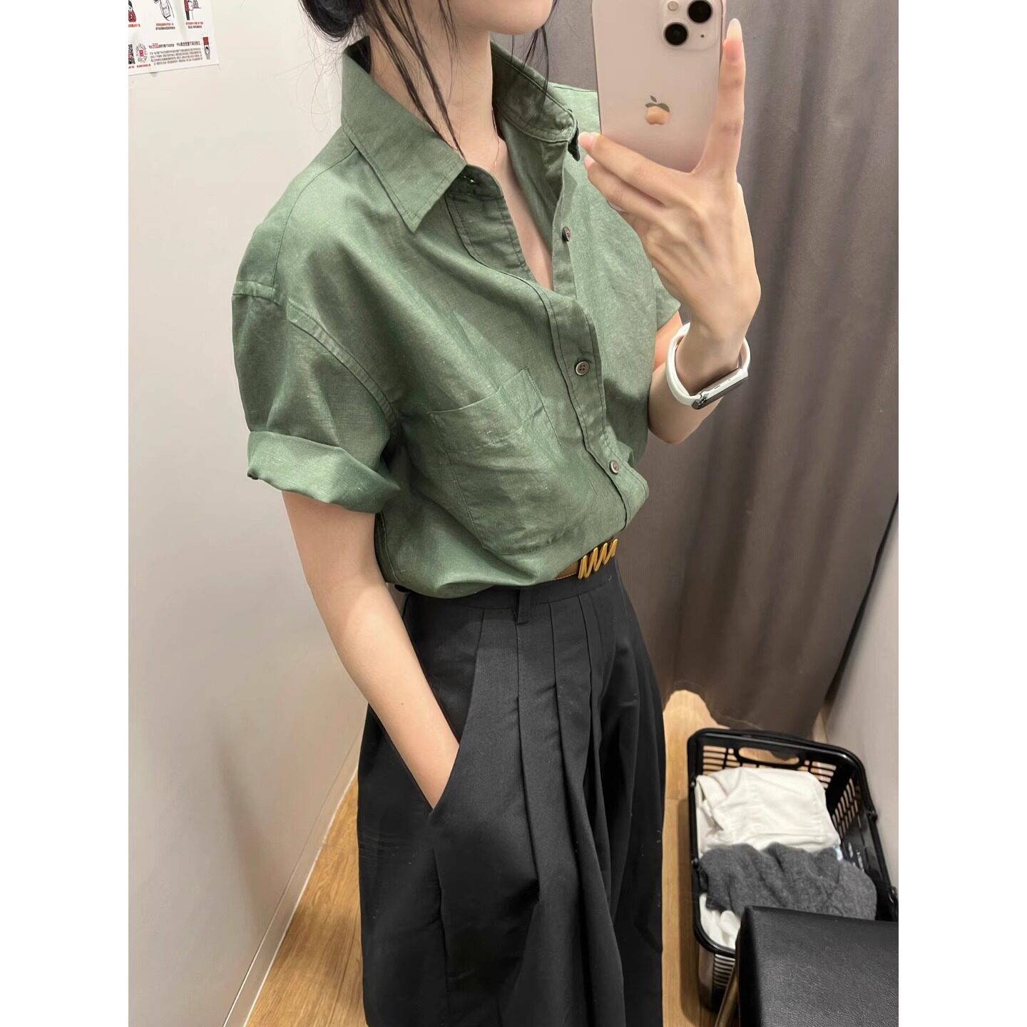 法式轻熟风绿色Polo领短袖衬衫女夏季气质高级感超好看亚麻上衣