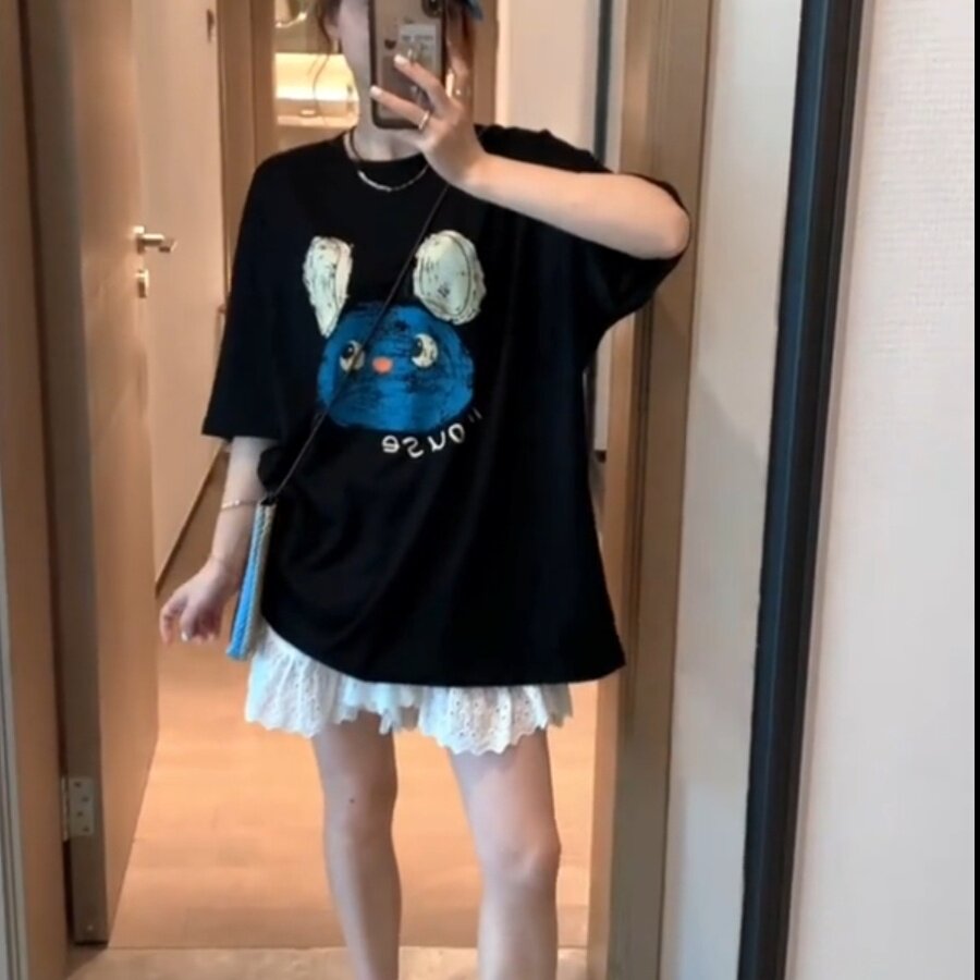 韩国东大门夏季新款可爱涂鸦大耳朵卡通印花宽松白色短袖T恤上衣