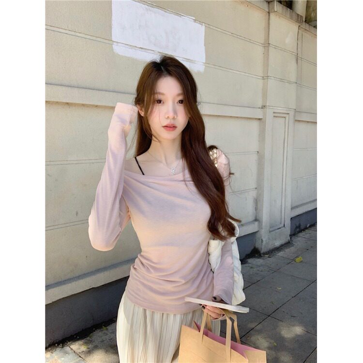 粉色防风罩衫长袖面膜T恤女夏秋薄款纯欲风设计感修身显瘦v领上衣
