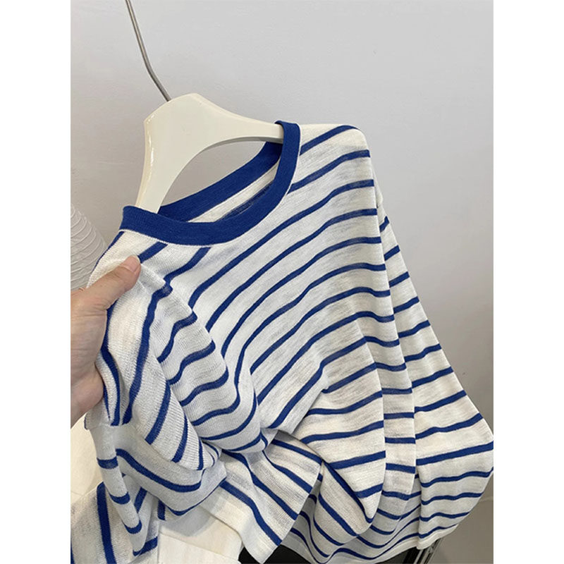 薄款蓝色条纹宽松针织衫上衣女夏季短款空调衫小个子罩衫长袖t恤