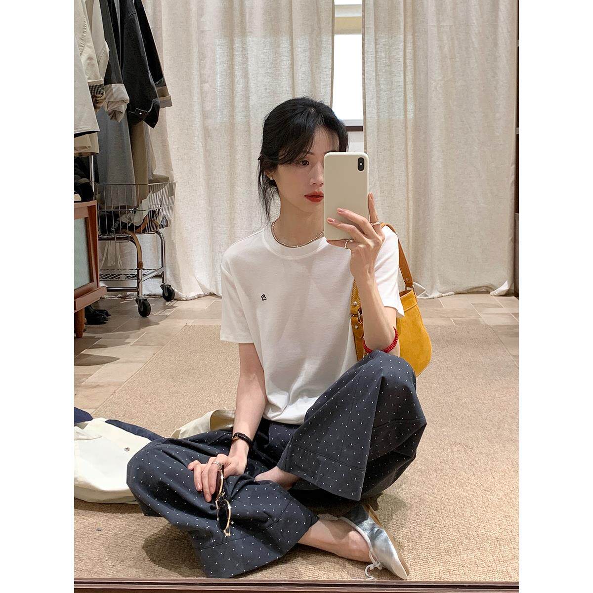 BRIVIN韩系白色印花圆领时尚亲肤短袖T恤女2025春季新款百搭上衣