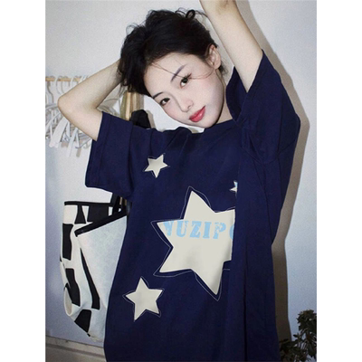 美式时尚星星字母印花短袖T恤女秋季新款宽松休闲减龄百搭上衣ins