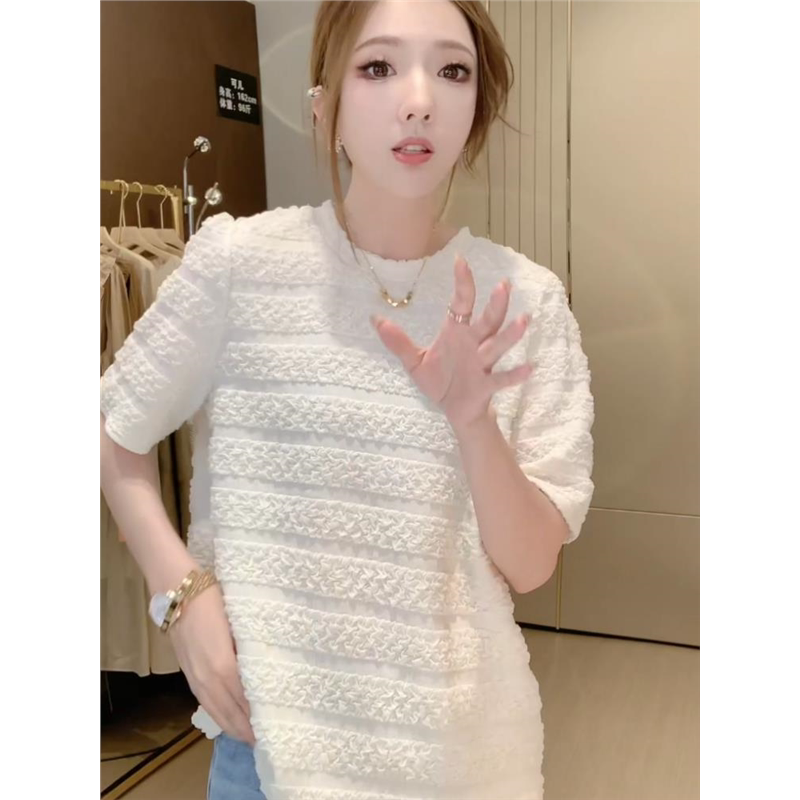 轻奢高级感条纹肌理感短袖T恤女夏2024新款重工小众时尚显瘦上衣