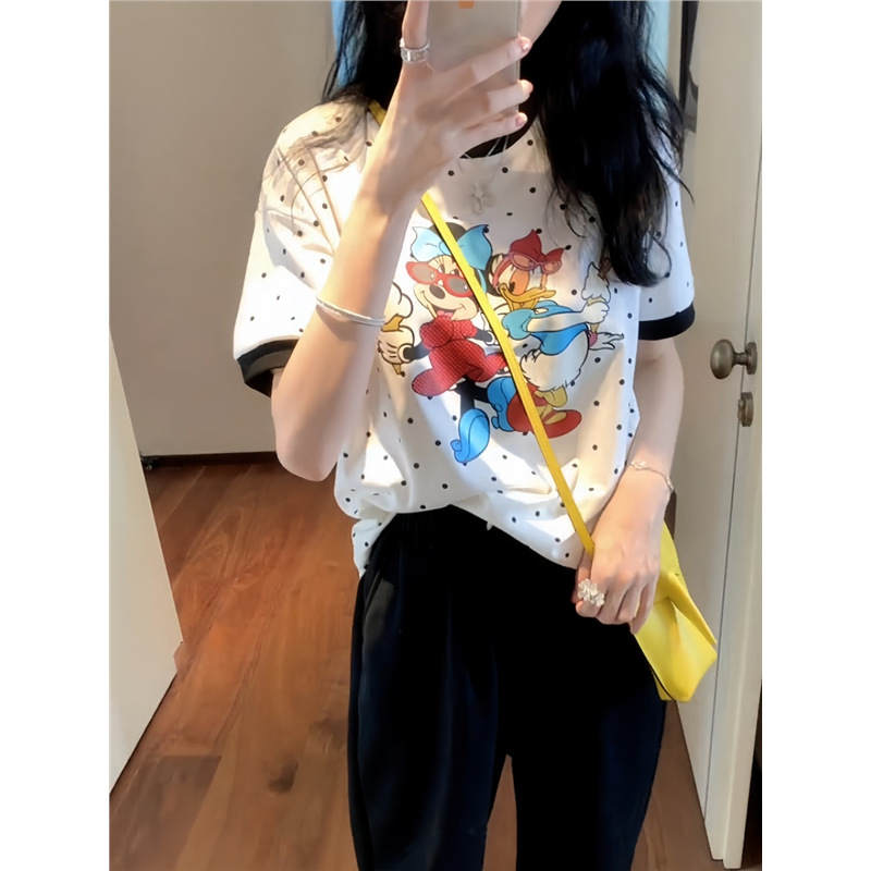 韩国东大门夏季新款撞色边短袖圆领T恤女波点米妮印花减龄上衣潮