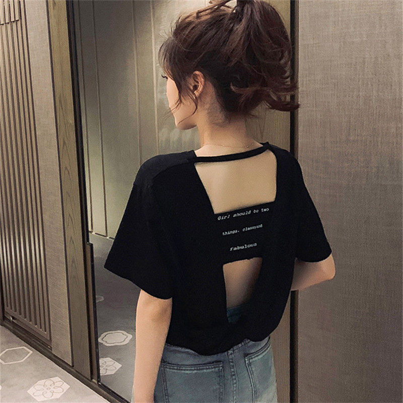 港味chic夏季露背性感字母t恤女黑色挂脖短款ins潮小个子短款潮牌