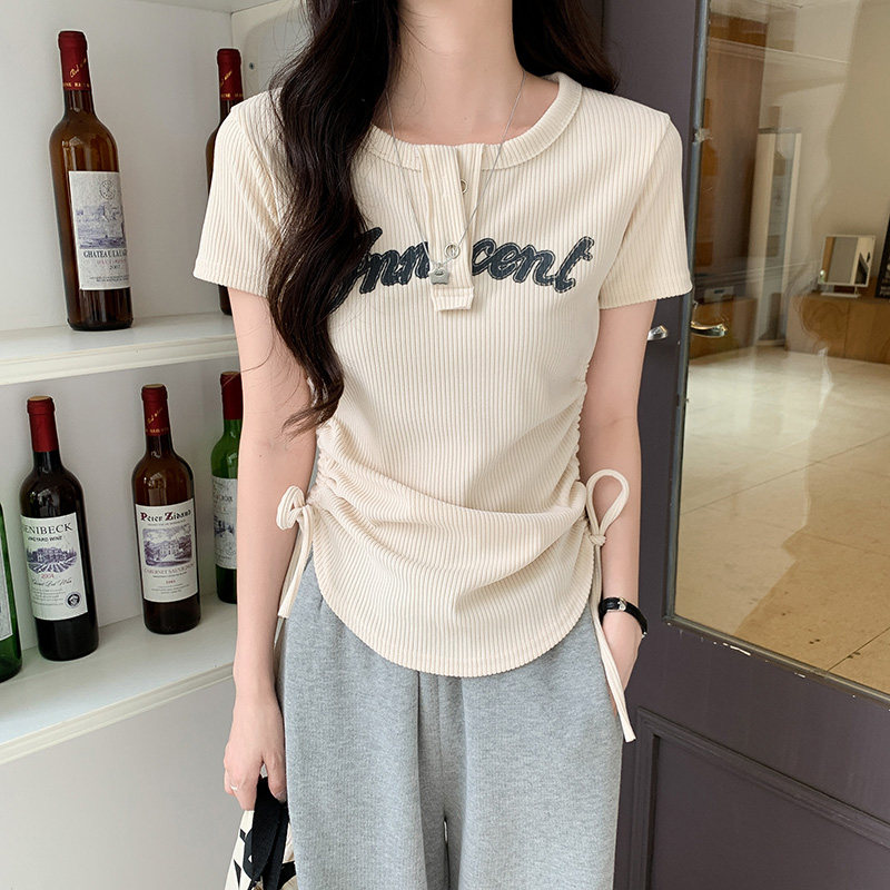 正肩短袖t恤女夏季2024新款抽绳美式复古辣妹短款纯欲上衣设计感