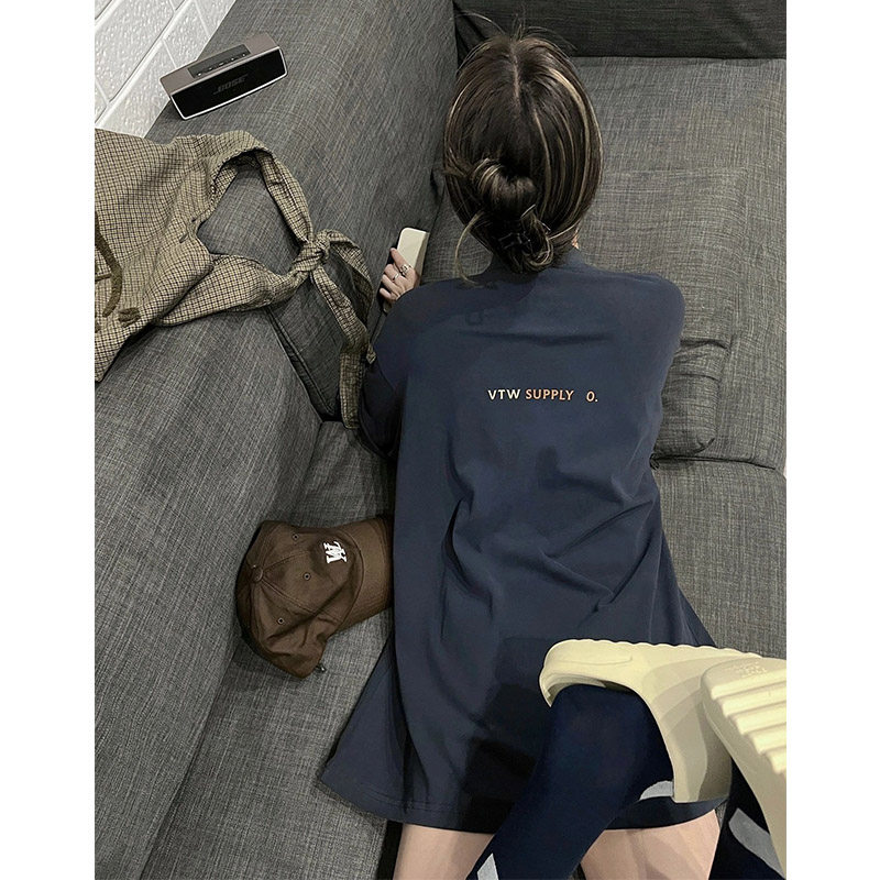 藏蓝色圆领短袖T恤女2025新款港味高端小众甜酷风高级感宽松上衣