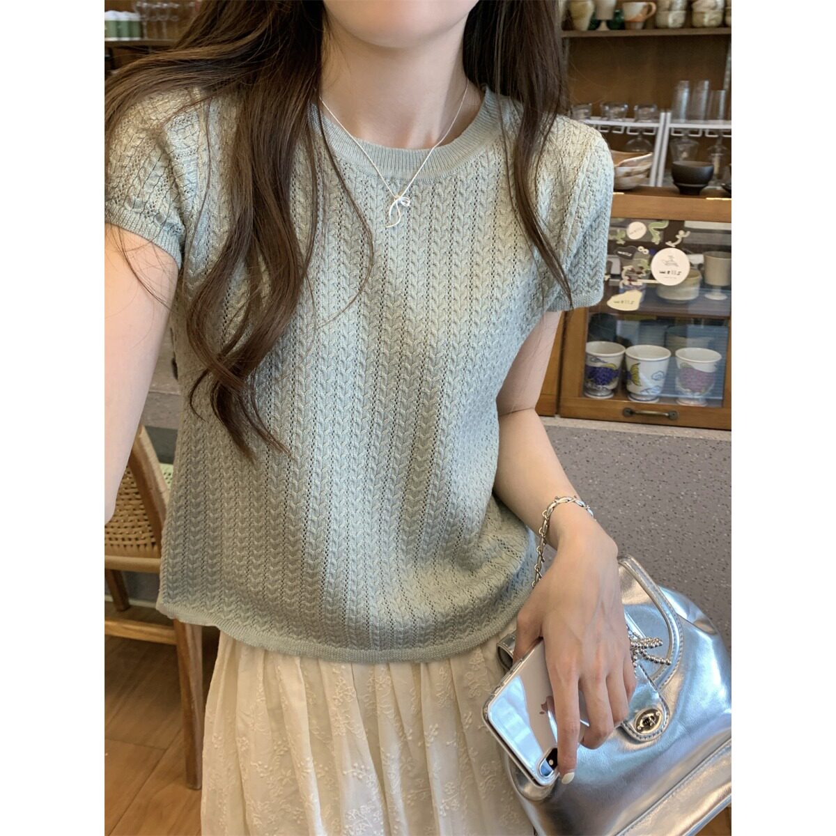 麻花镂空韩版针织衫短袖女夏季设计感小个子短款圆领纯色上衣薄款