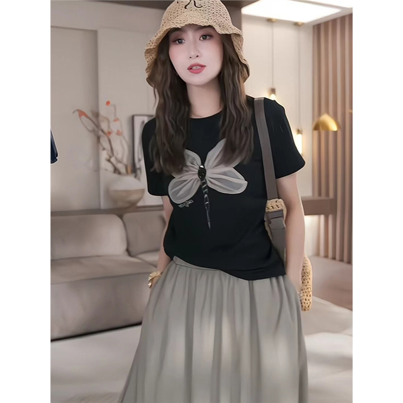蜻蜓图案短袖t恤女2025夏季新款正肩体恤设计感小众纯棉上衣
