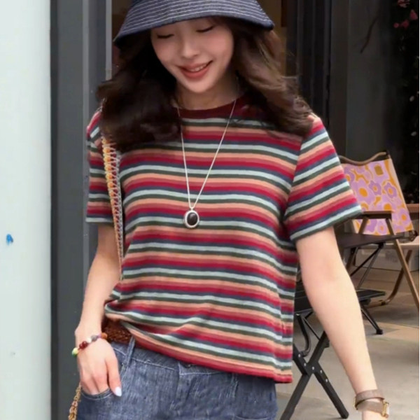 洋气减龄撞色条纹短袖正肩T恤衫女士春夏款修身显瘦遮肉内搭上衣