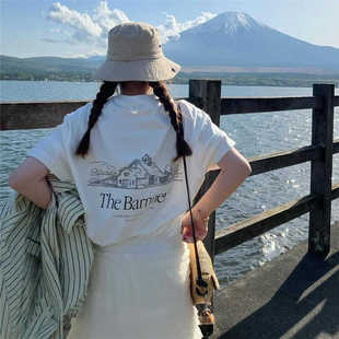 韩国fever同款八奶barnnet宽松大版型雪山字母印花纯棉短袖T恤女