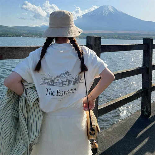韩国fever同款八奶barnnet宽松大版型雪山字母印花纯棉短袖T恤女