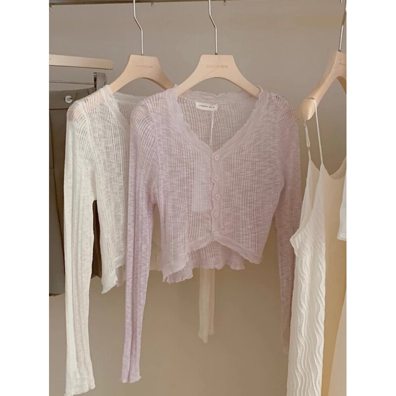 木耳边v领披肩女外搭配裙子夏季空调衫冰丝针织防晒开衫短款外套