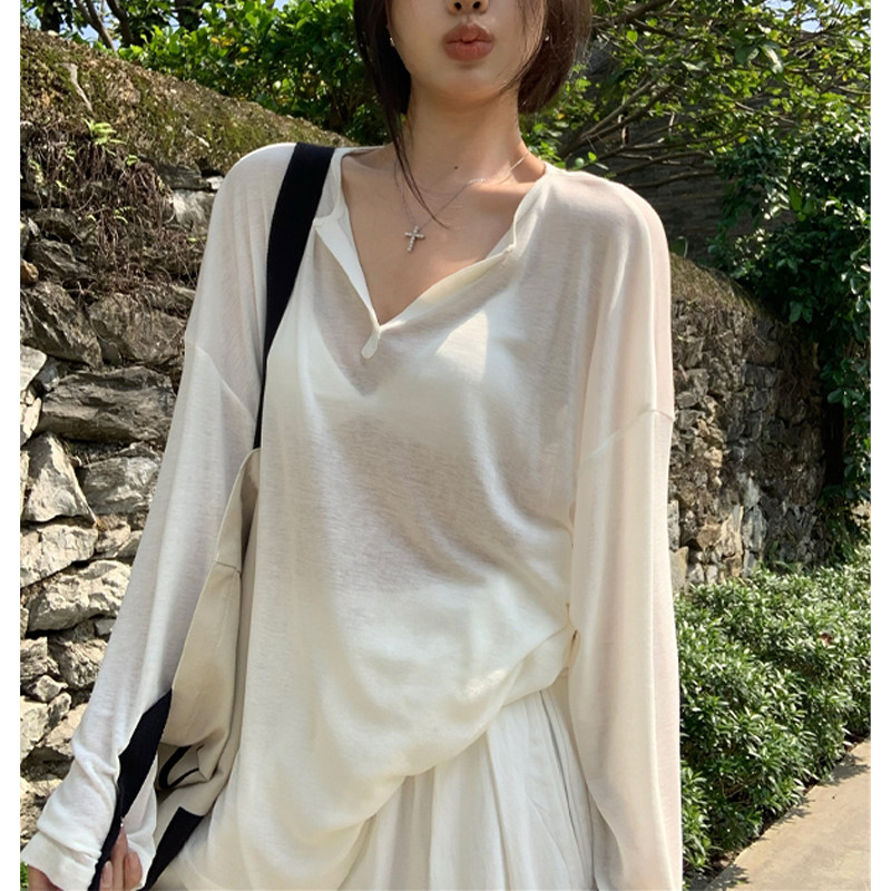 辣妹防晒罩衫女夏2024新款微透面膜长袖t恤纯欲外搭叠穿白色上衣