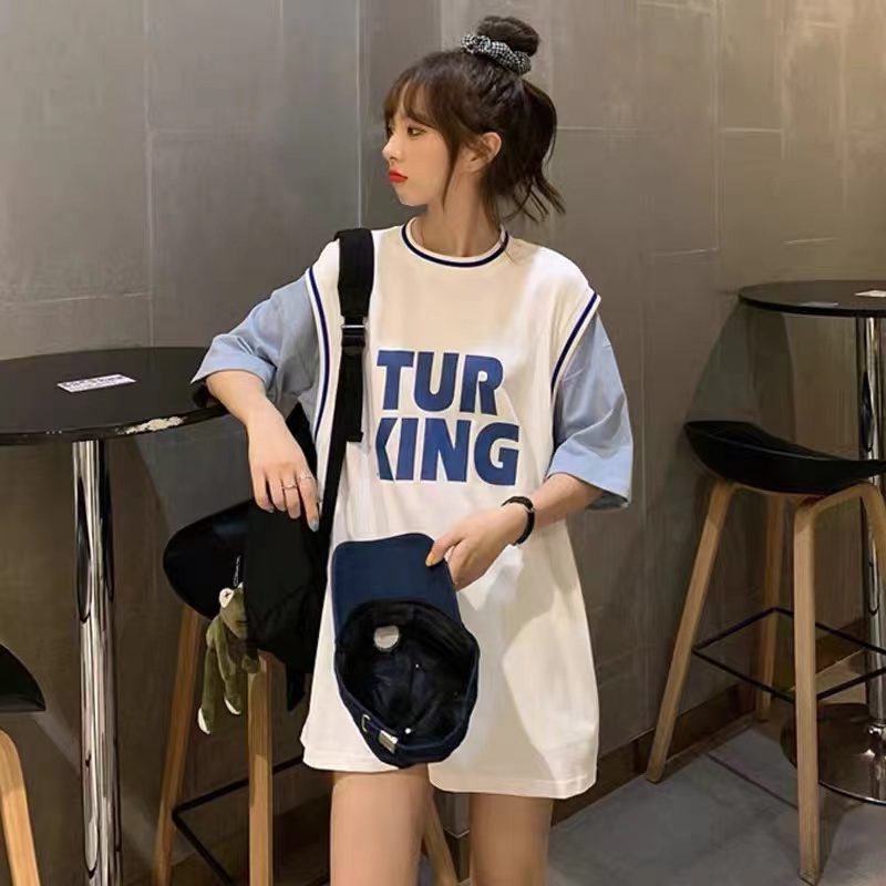 假两件短袖t恤女夏季韩版宽松中长款篮球服外穿纯棉半袖港风上衣