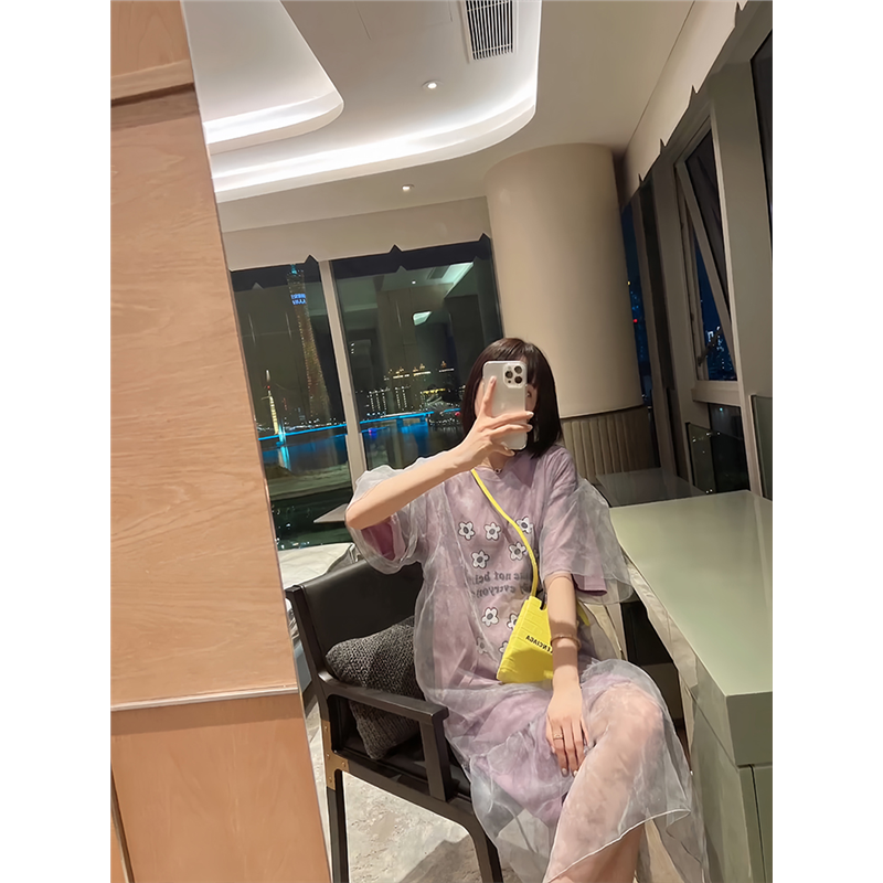 大码韩国女装早春新款胖mm花朵长款短袖T恤+欧根纱网纱长款连衣裙