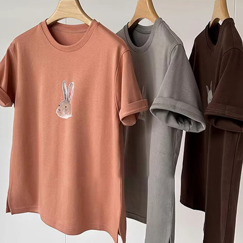 夏季2026新款爆款兔子印花灰色正肩短袖T恤女小个子宽松韩版上衣