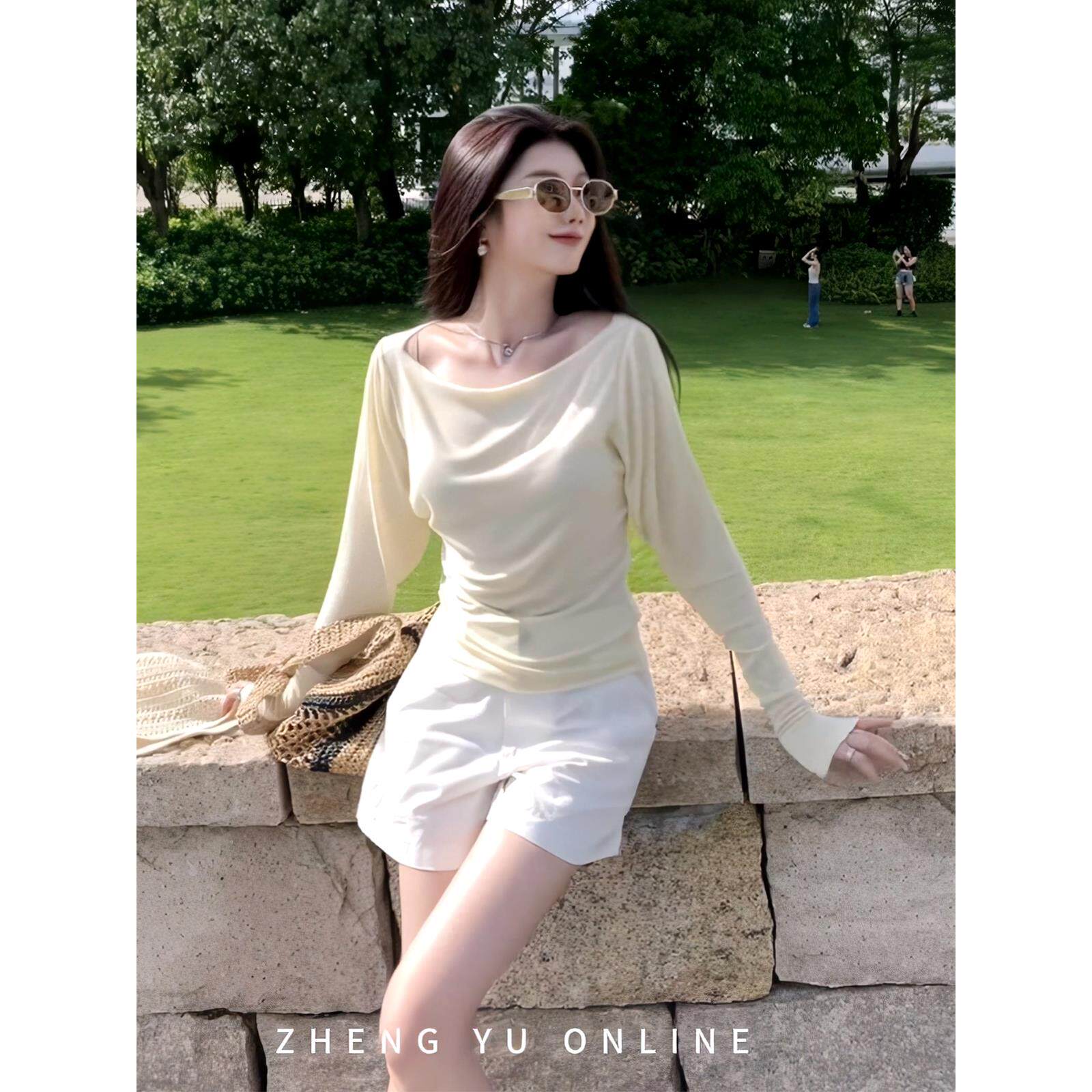 黄色露背宽松长袖T恤女夏季设计感小众修身掐腰显瘦辣妹薄款上衣