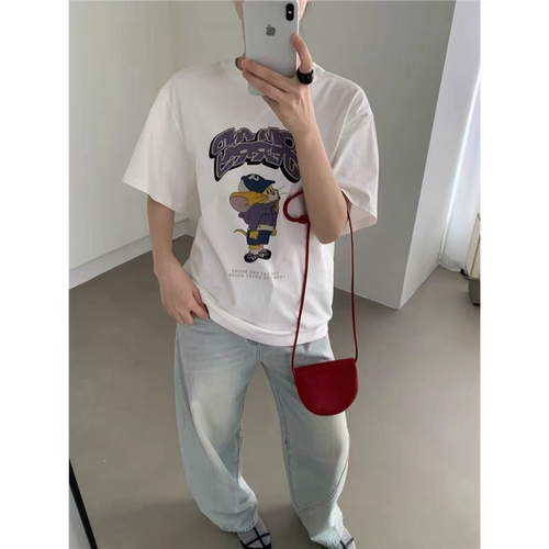 aboutmoon卡通老鼠字母印花短袖T恤女2025夏新款韩版减龄百搭上衣