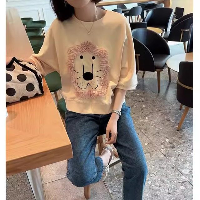 刺绣小狮子立体雪纺花边毛圈T恤