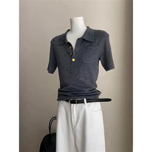 灰色正肩翻领polo领冰丝短袖t恤女夏季针织衫小个子短款修身上衣