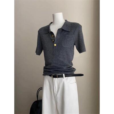 灰色正肩翻领polo领冰丝短袖t恤女夏季针织衫小个子短款修身上衣