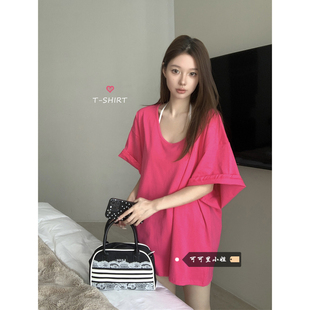 U领短袖T恤女夏季新款慵懒风宽松中长款下衣失踪小众玫红色上衣潮