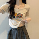 辣妹低领短款 高级感小众修身 印花上衣 复古方领正肩t恤女夏季 美式