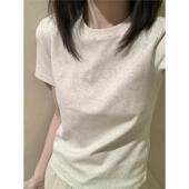 上衣女夏季 2024年春新款 t恤简约百搭短款 气质圆领米灰色短袖 韩版
