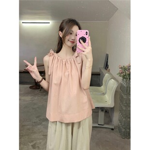 法式甜美粉色绑带无袖衬衫女夏设计感小众宽松短款背心娃娃衫上衣