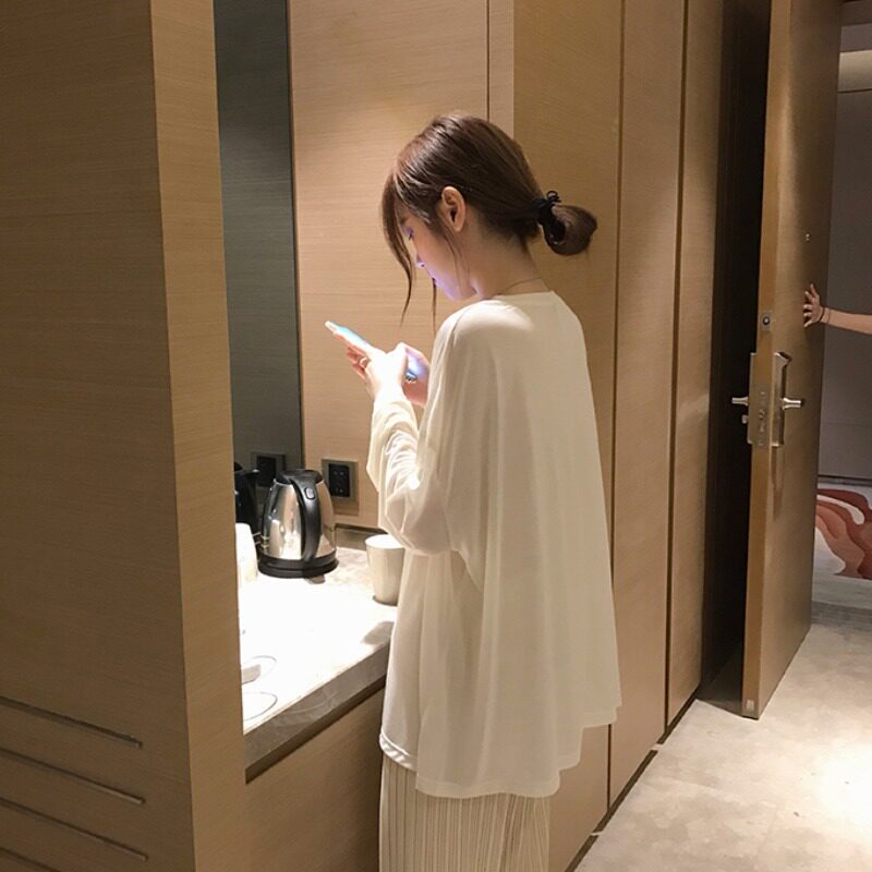 冰丝面膜t恤女夏季松弛感慵懒长袖防晒衣罩衫薄纱上衣外穿空调衫