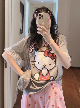 韩国东大门夏季新款红色蝴蝶结卡通kitty猫灰色套头短袖T恤上衣女