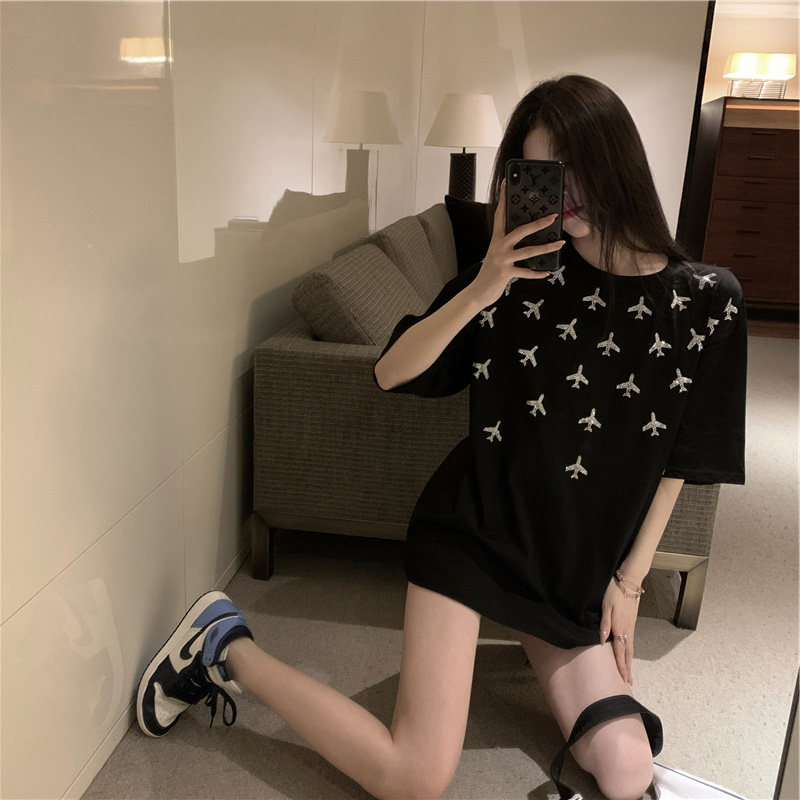 欧货重工飞机印花烫钻纯棉中长款遮屁股t恤女夏季情侣装短袖潮ins