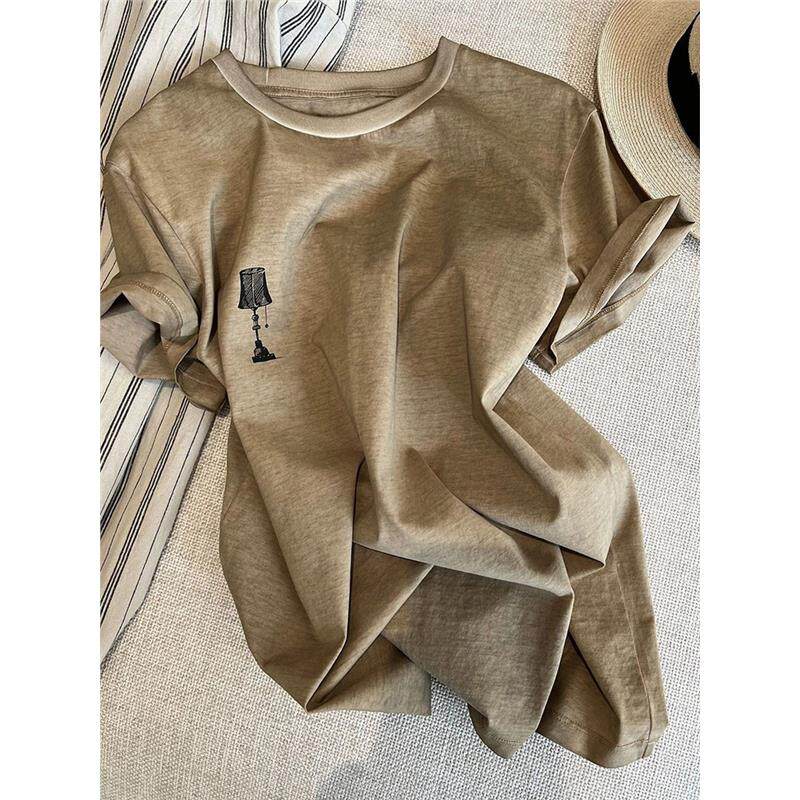 欧洲站女装高端美式复古遮肚子显瘦上衣洋气减龄卡其色短袖t恤夏