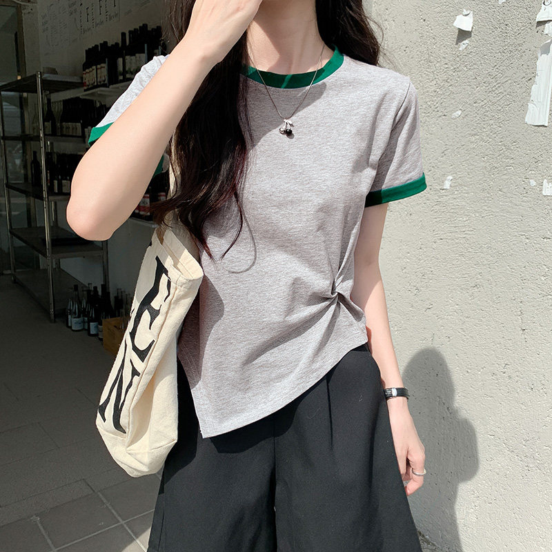 短袖女2024年新款夏季小众设计感撞色t恤时尚别致不规则短款上衣