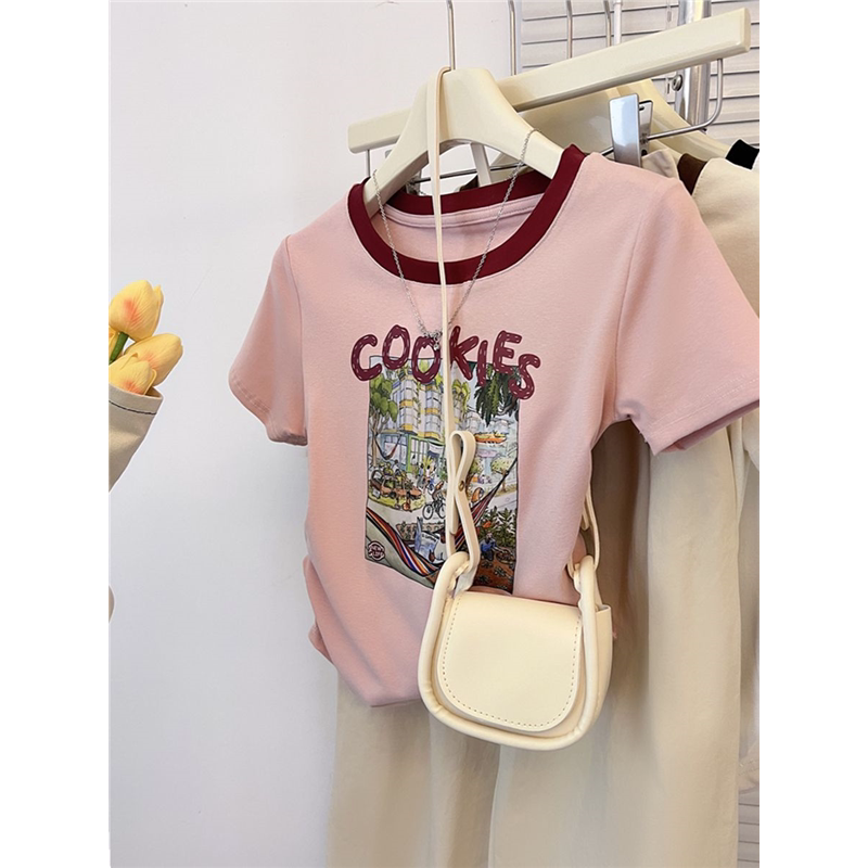 圆领插肩短袖t恤女夏季洋气百搭字母印花短款褶皱收腰显瘦上衣潮