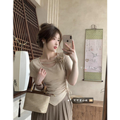 短款 法式 纯欲风设计感抽绳不规则修身 T恤女夏季 上衣 立体花朵短袖