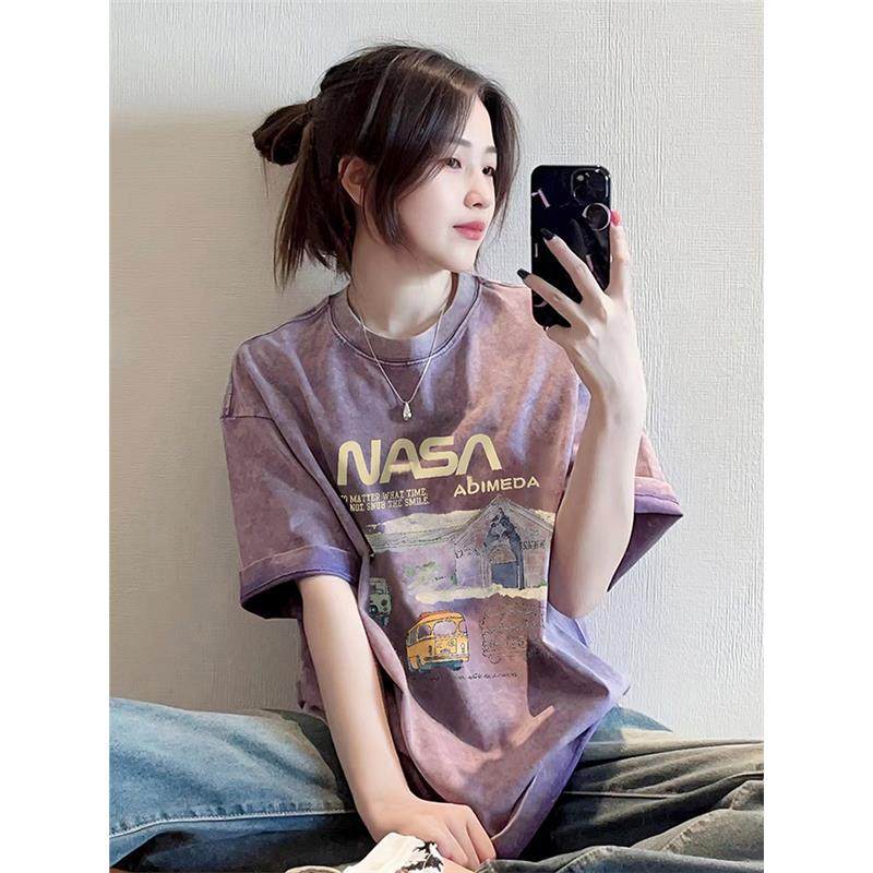 美式复古紫色水洗做旧正肩短袖t恤女夏季纯棉宽松重磅半袖上衣夏