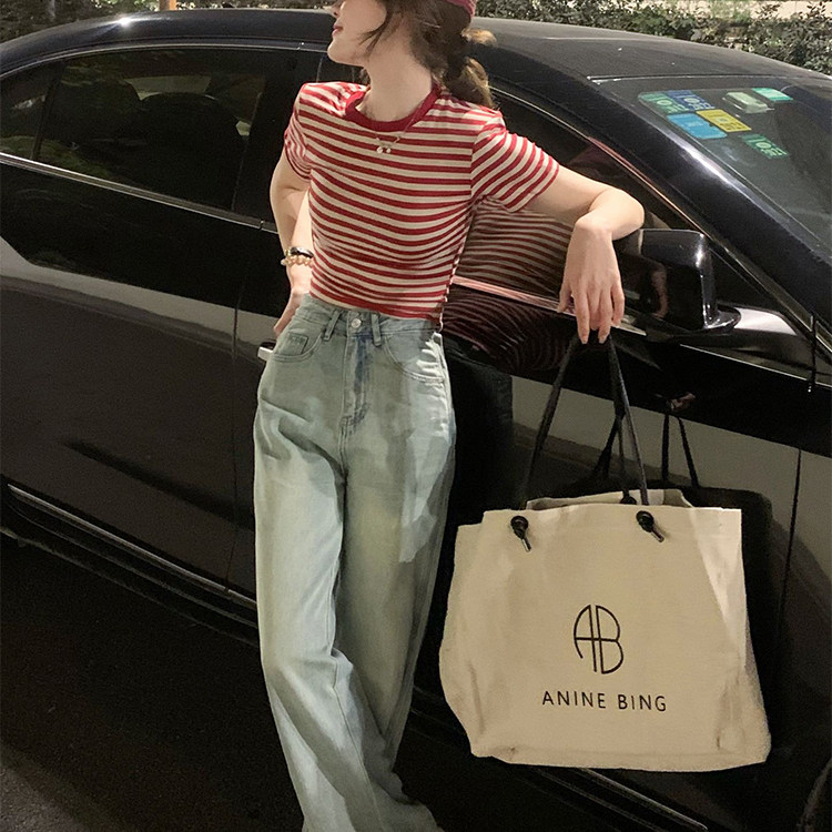 红色条纹显瘦正肩短袖t恤女装夏季打底衫小个子修身短款内搭上衣